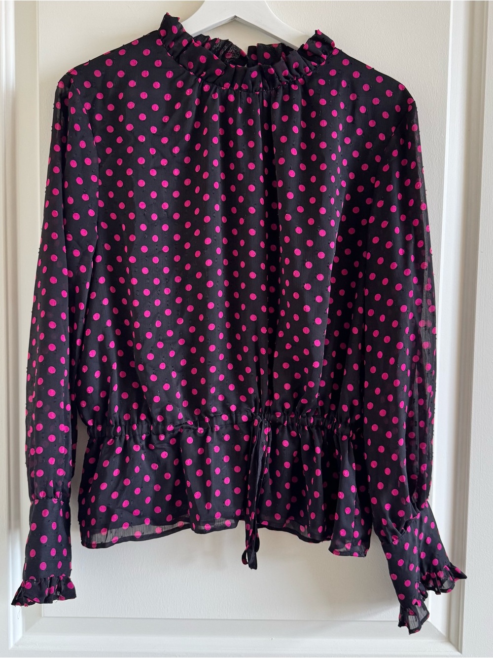 Ann Taylor Black Blouse with Hot Pink Polka Dots